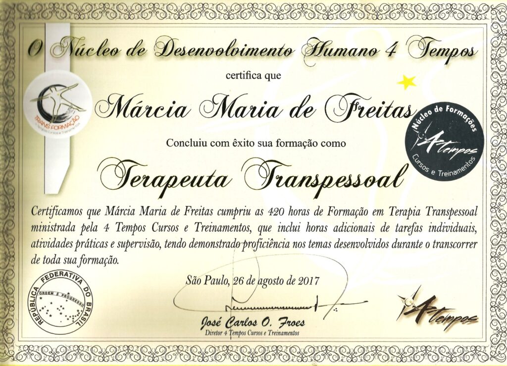 Sobre a autora 3 imagem Diploma Terapeuta Transpessoal da Márcia Maria de Freitas