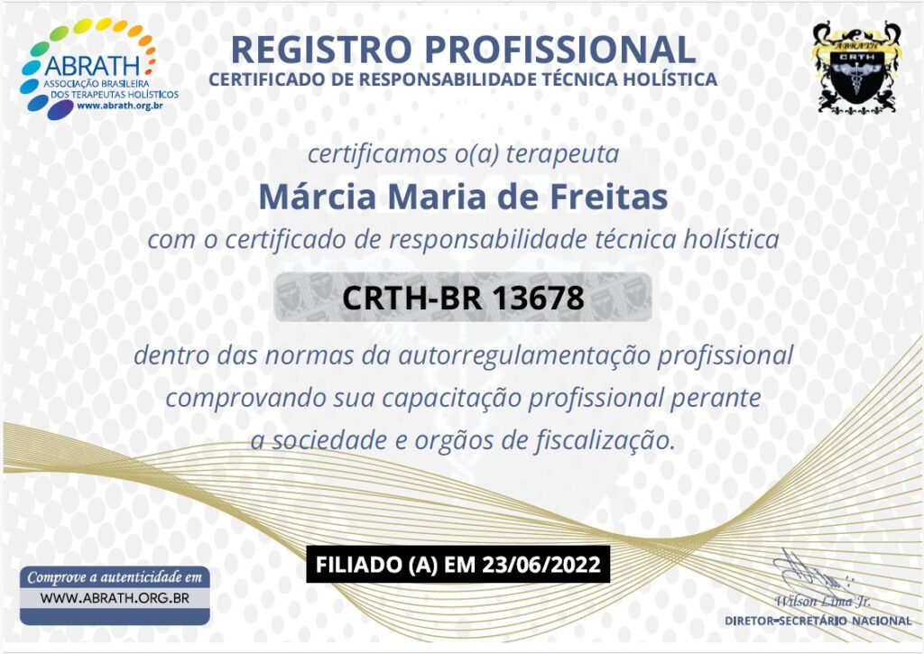 Sobre a autora 2 Registro Profissional ABRATH CRTH-BR 13678 - Márcia Maria de Freitas